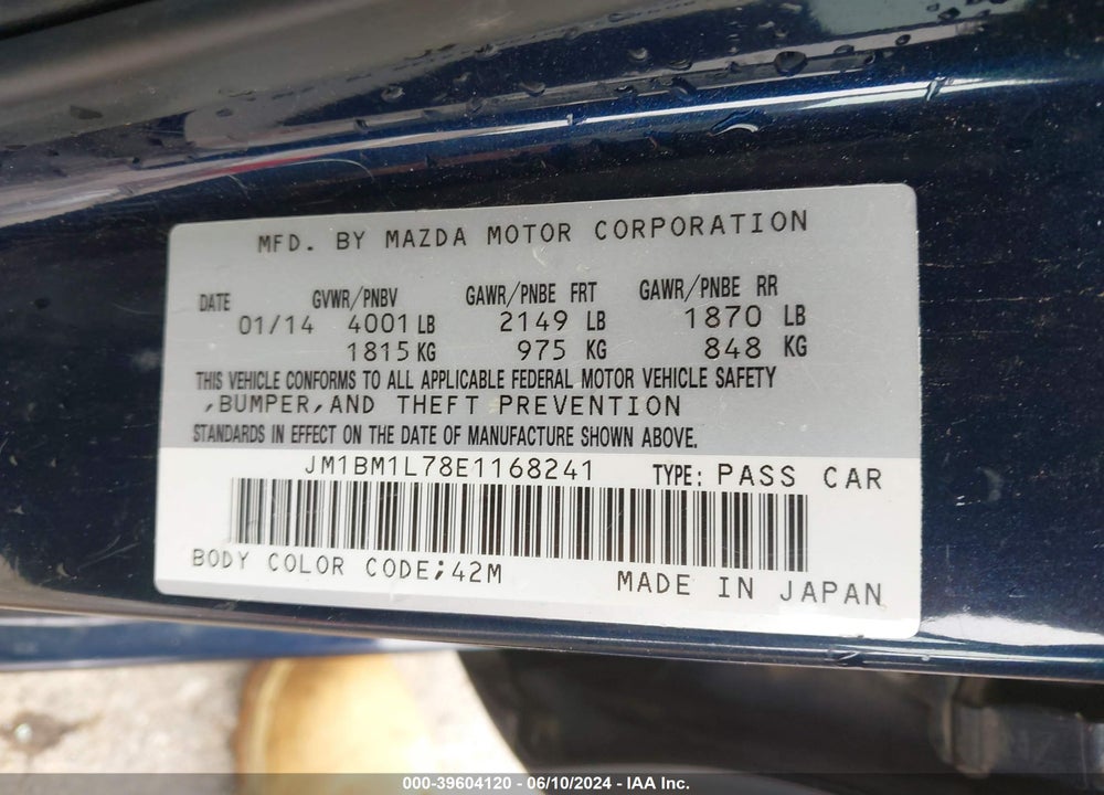 2014 MAZDA 3 I TOURING VIN: JM1BM1L78E1168241