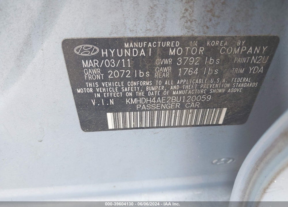 2011 HYUNDAI ELANTRA VIN: KMHDH4AE2BU120059