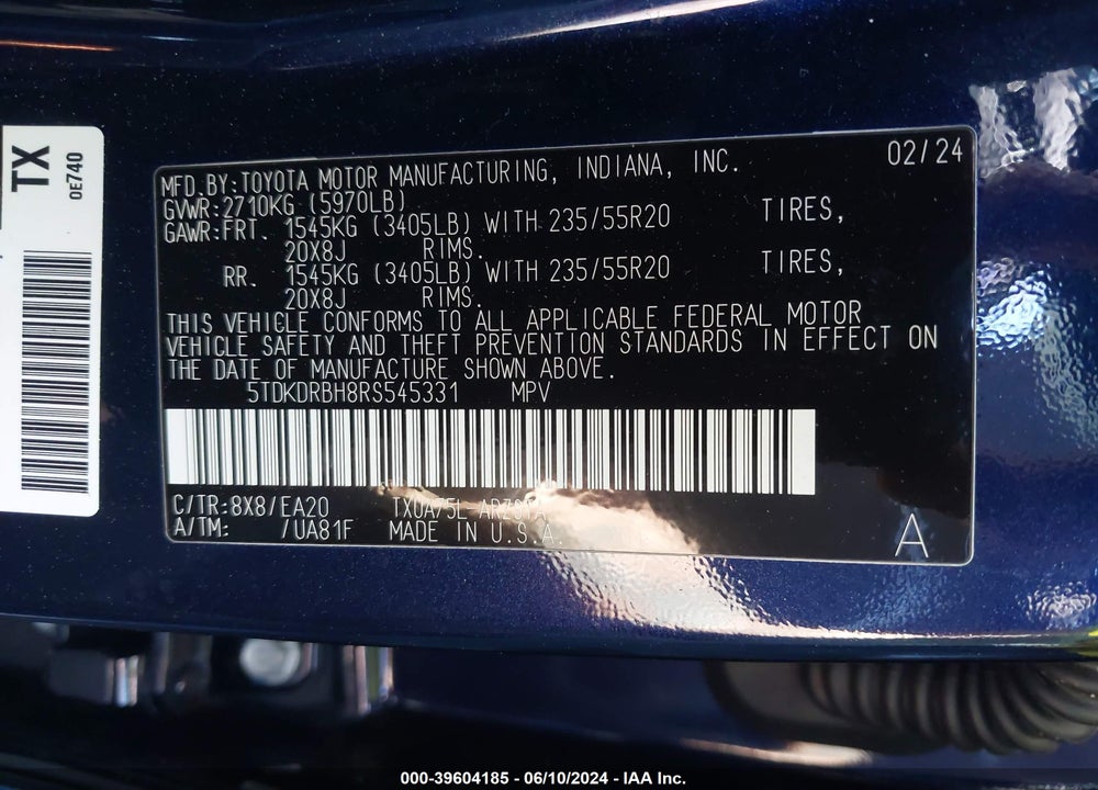 2024 TOYOTA HIGHLANDER XSE VIN: 5TDKDRBH8RS545331