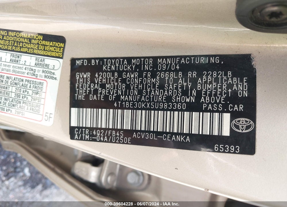 2005 TOYOTA CAMRY LE VIN: 4T1BE30KX5U983360