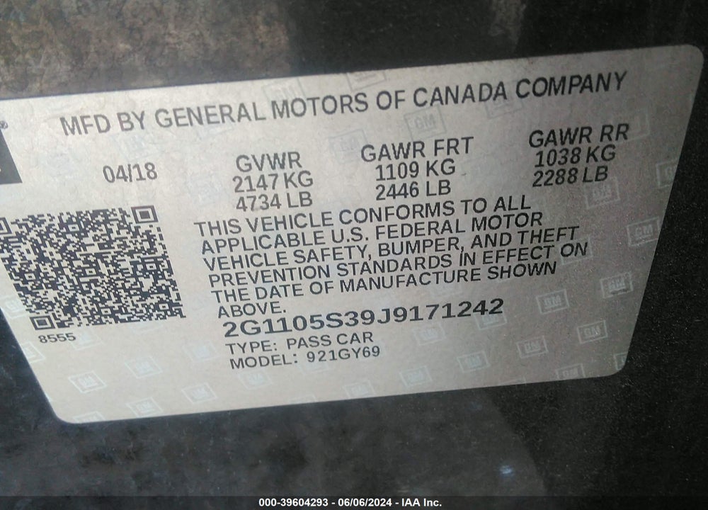 2018 CHEVROLET IMPALA 1LT VIN: 2G1105S39J9171242