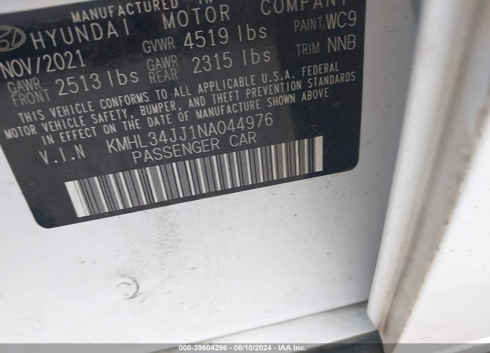 2022 HYUNDAI SONATA HYBRID SEL VIN: KMHL34JJ1NA044976