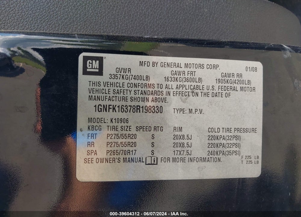 2008 CHEVROLET SUBURBAN 1500 LT VIN: 1GNFK16378R198330