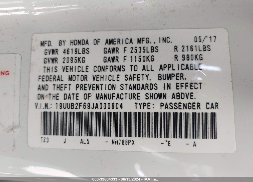 2018 ACURA TLX VIN: 19UUB2F69JA000904