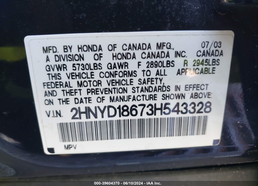 2003 ACURA MDX VIN: 2HNYD18673H543328
