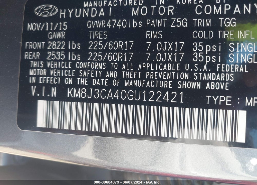 2016 HYUNDAI TUCSON SE VIN: KM8J3CA40GU122421