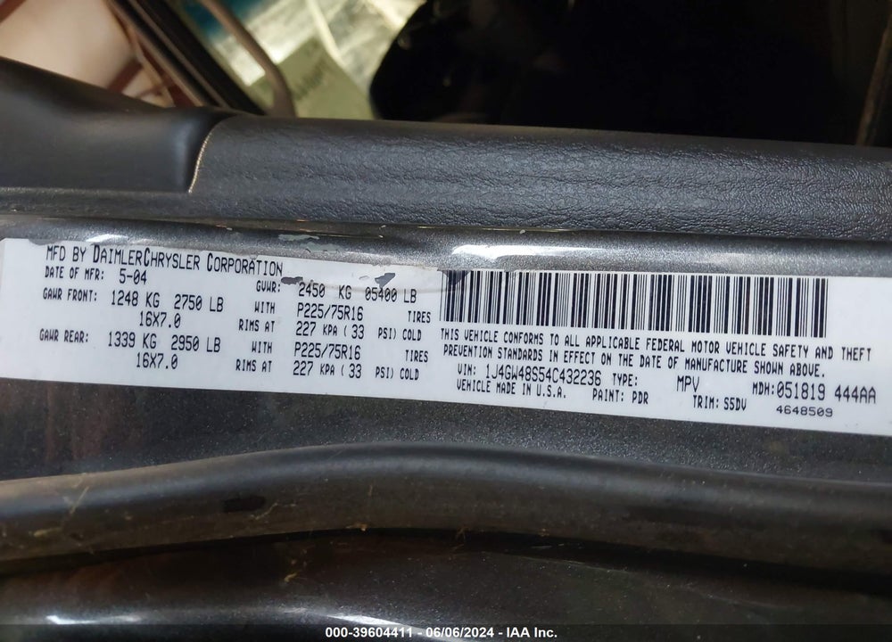 2004 JEEP GRAND CHEROKEE LAREDO VIN: 1J4GW48S54C432236