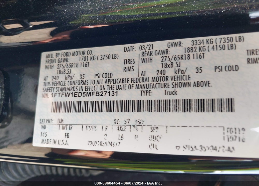 2021 FORD F-150 XLT VIN: 1FTFW1ED5MFB27131