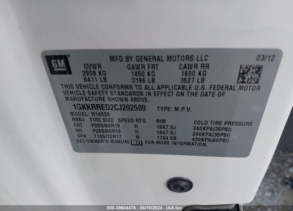 2012 GMC ACADIA SLT-1 VIN: 1GKKRRED2CJ292509