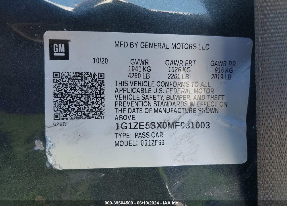 2021 CHEVROLET MALIBU FWD PREMIER VIN: 1G1ZE5SX0MF031003