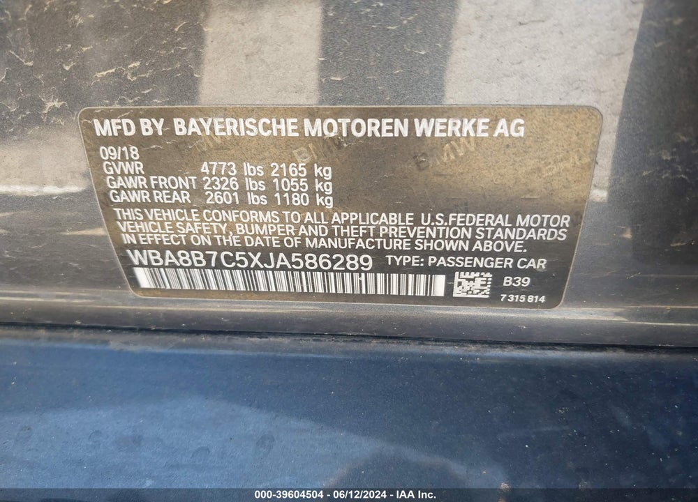 2018 BMW 340I XDRIVE VIN: WBA8B7C5XJA586289