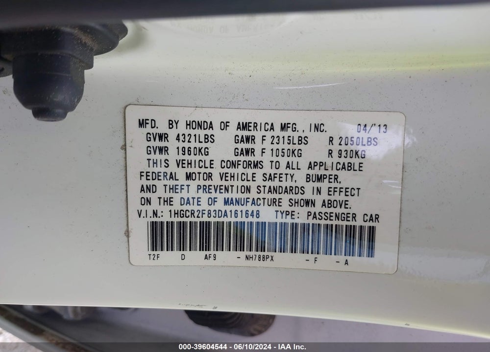 2013 HONDA ACCORD EX-L VIN: 1HGCR2F83DA161648