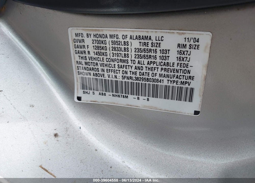 2005 HONDA ODYSSEY LX VIN: 5FNRL38295B030841