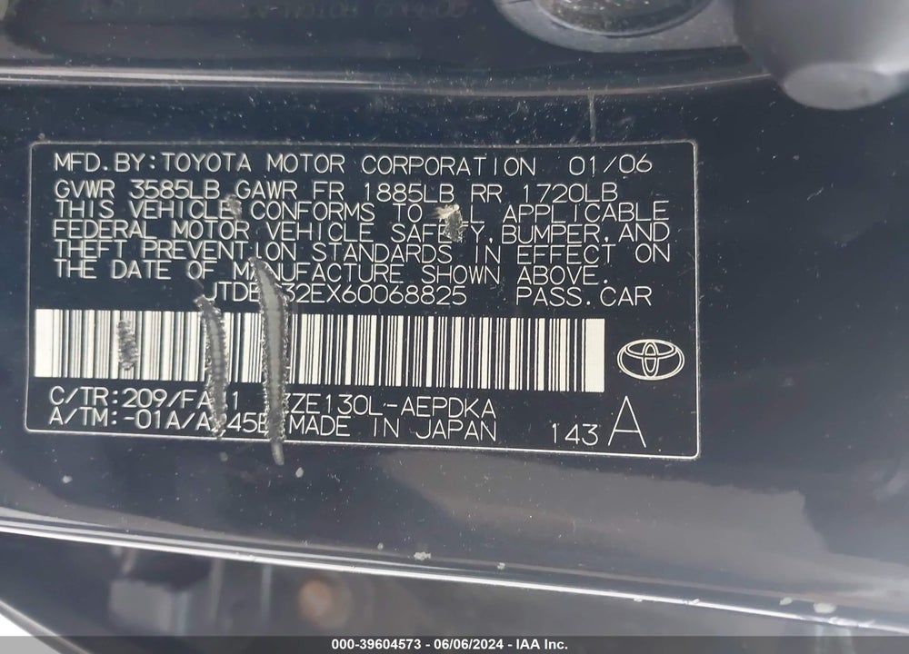 2006 TOYOTA COROLLA CE VIN: JTDBR32EX60068825