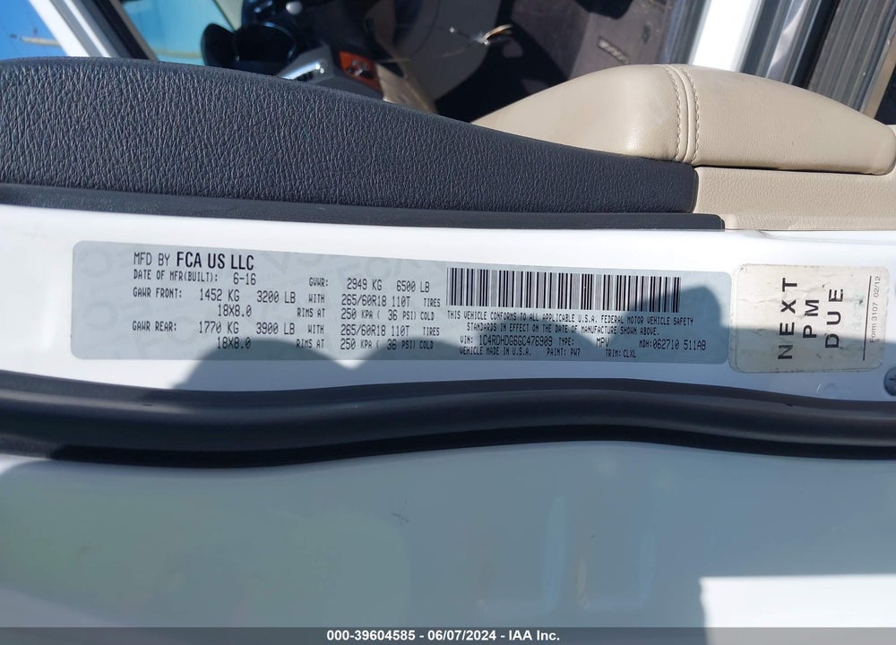 2016 DODGE DURANGO LIMITED VIN: 1C4RDHDG6GC476909