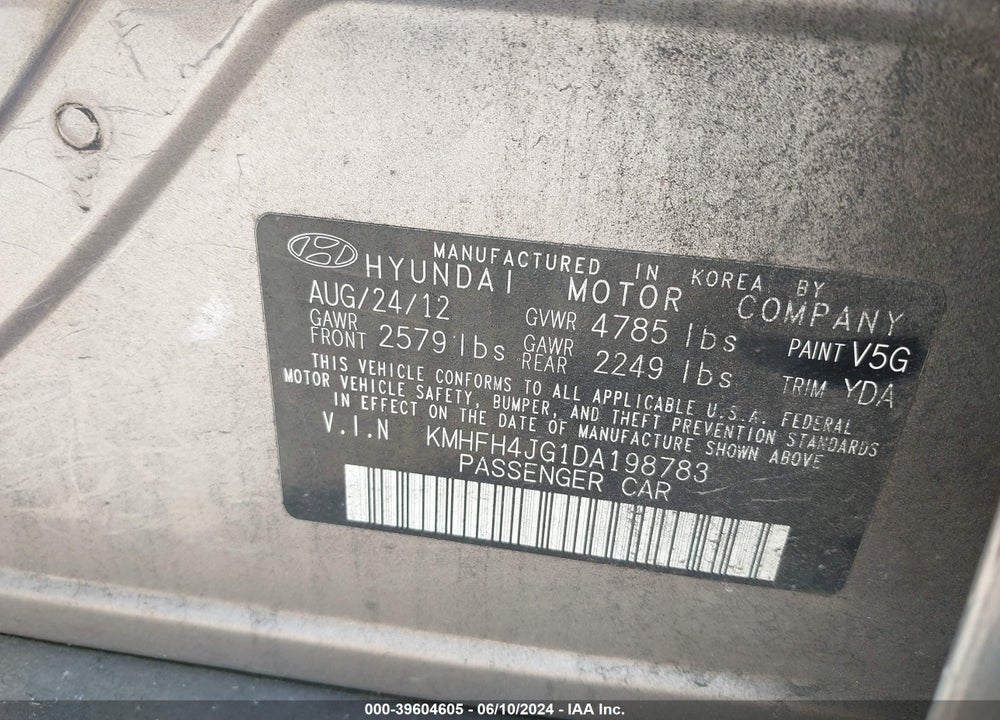 2013 HYUNDAI AZERA VIN: KMHFH4JG1DA198783
