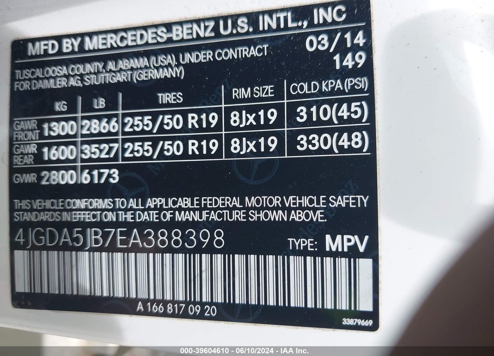 2014 MERCEDES-BENZ ML 350 VIN: 4JGDA5JB7EA388398