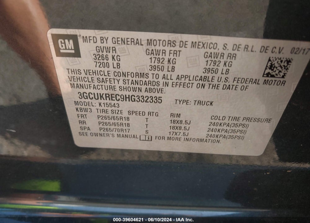 2017 CHEVROLET SILVERADO 1500 VIN: 3GCUKREC9HG332335