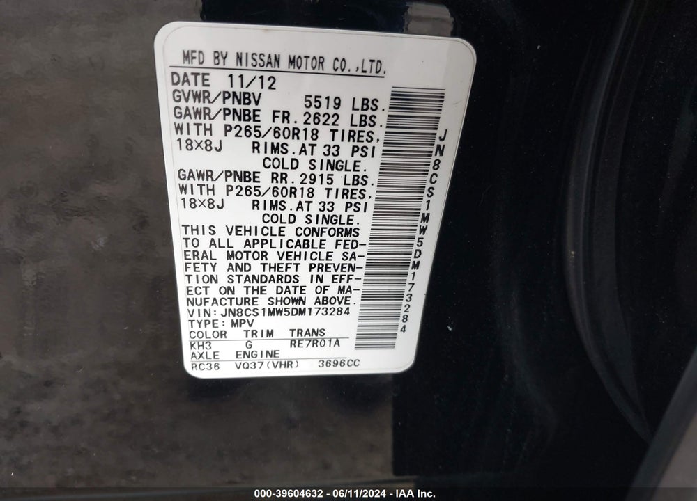 2013 INFINITI FX37 VIN: JN8CS1MW5DM173284