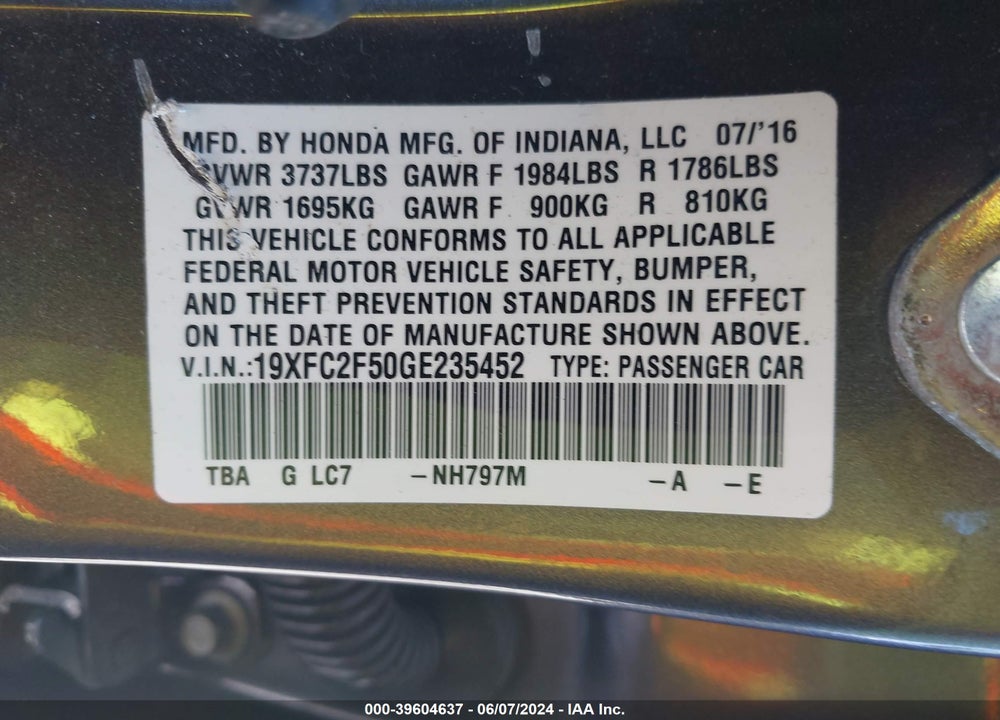 2016 HONDA CIVIC LX VIN: 19XFC2F50GE235452
