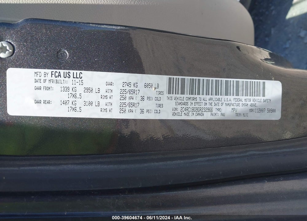 2016 CHRYSLER TOWN & COUNTRY TOURING VIN: 2C4RC1BG9GR232966