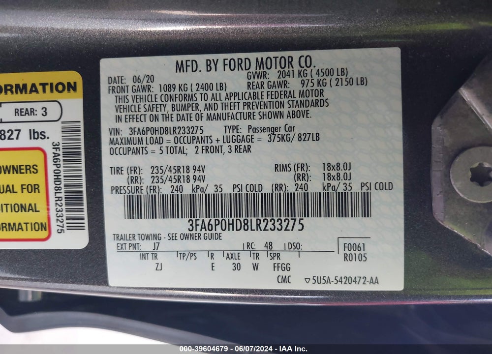 2020 FORD FUSION SE VIN: 3FA6P0HD8LR233275