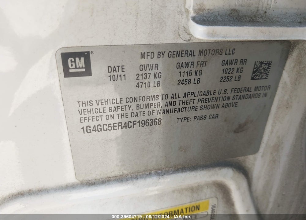2012 BUICK LACROSSE LEATHER GROUP VIN: 1G4GC5ER4CF196368