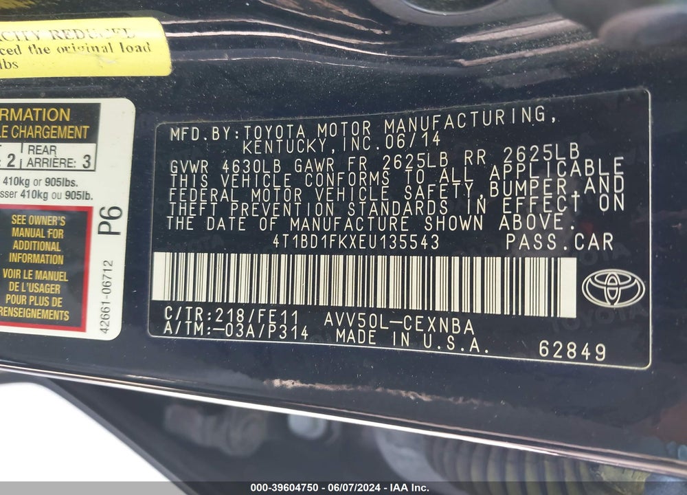 2014 TOYOTA CAMRY HYBRID LE VIN: 4T1BD1FKXEU135543