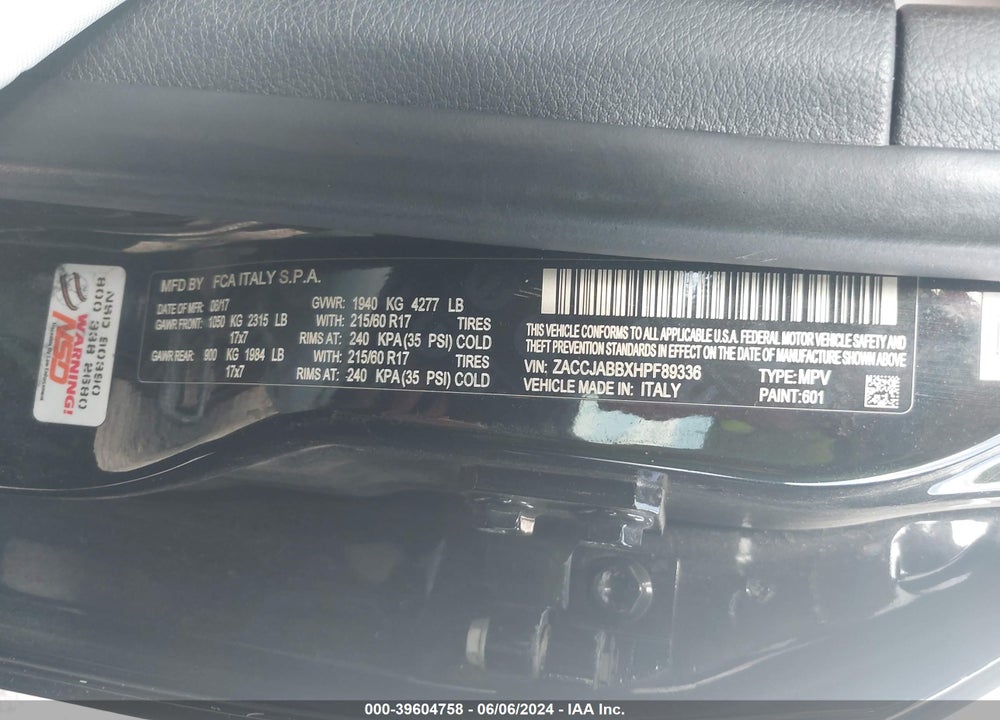 2017 JEEP RENEGADE LATITUDE FWD VIN: ZACCJABBXHPF89336