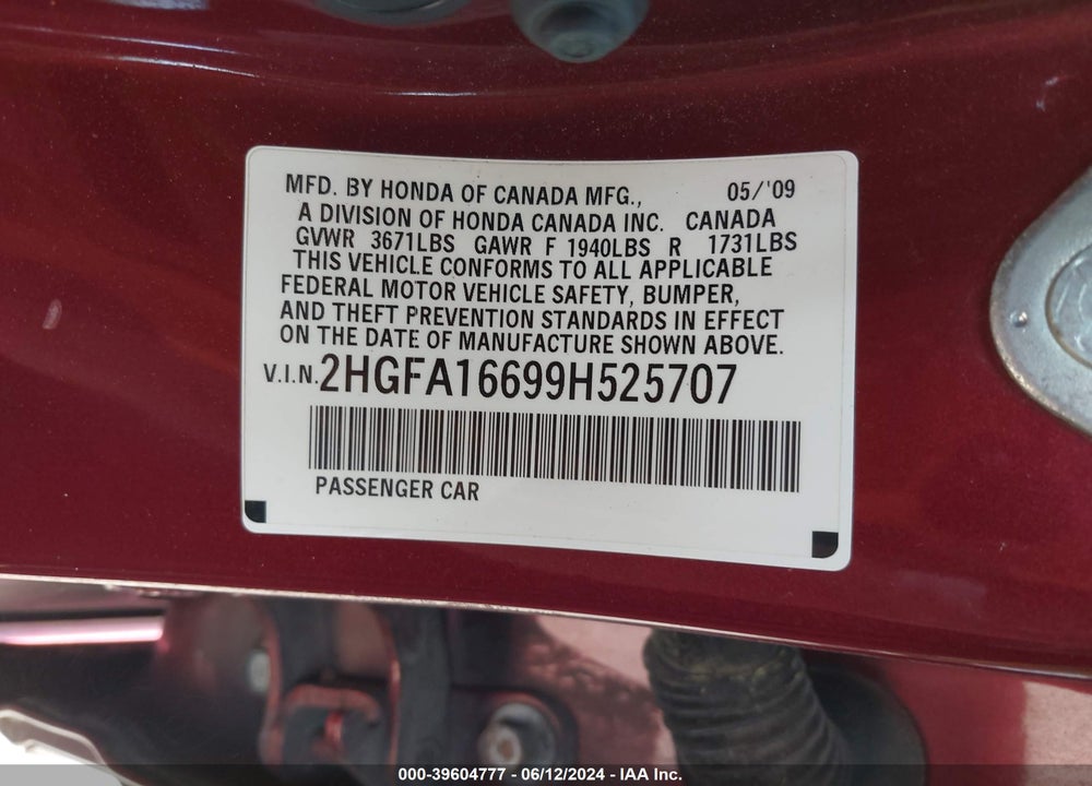 2009 HONDA CIVIC LX-S VIN: 2HGFA16699H525707