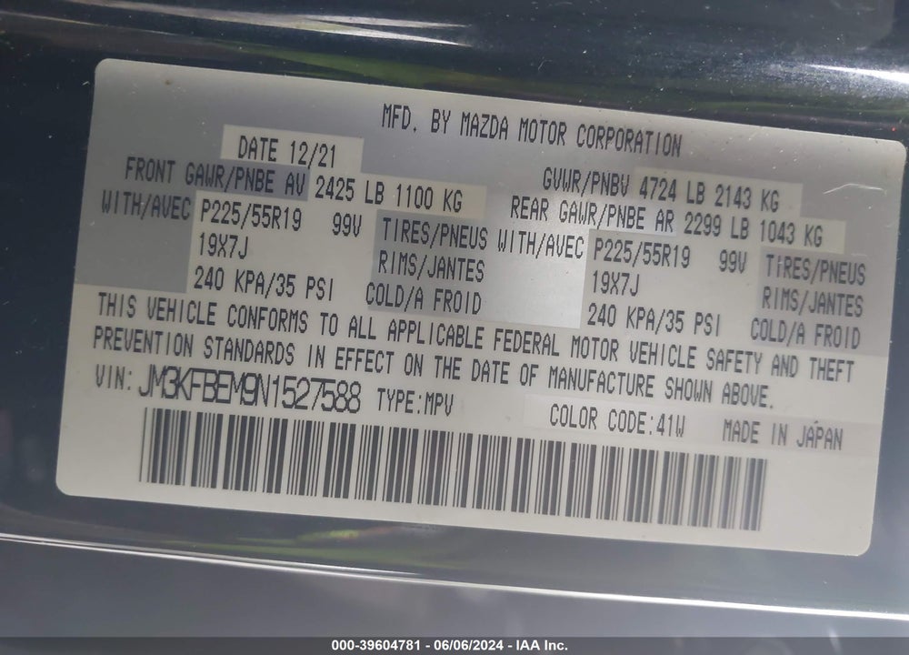 2022 MAZDA CX-5 2.5 S PREMIUM PLUS VIN: JM3KFBEM9N1527588