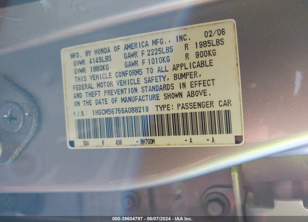 2006 HONDA ACCORD 2.4 EX VIN: 1HGCM56766A088219