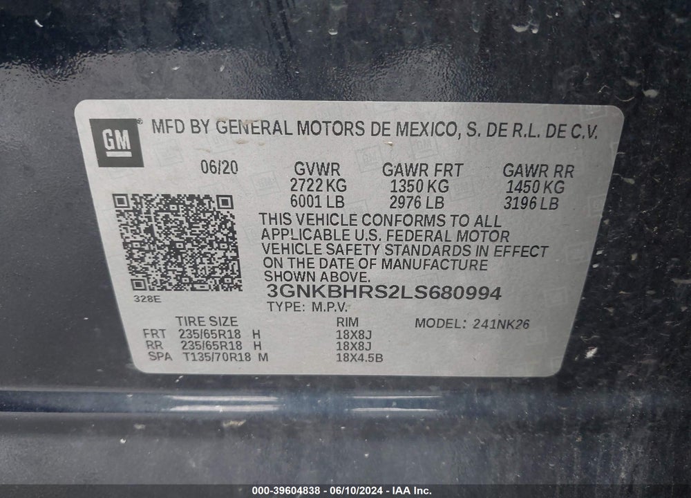 2020 CHEVROLET BLAZER AWD 2LT VIN: 3GNKBHRS2LS680994