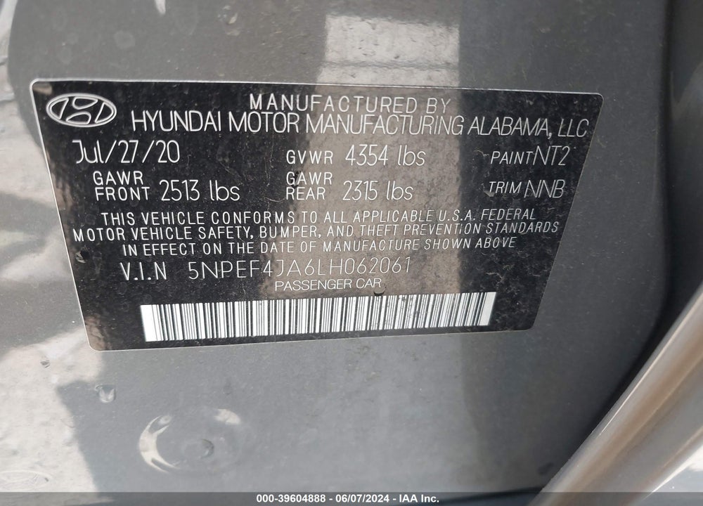 2020 HYUNDAI SONATA SEL VIN: 5NPEF4JA6LH062061