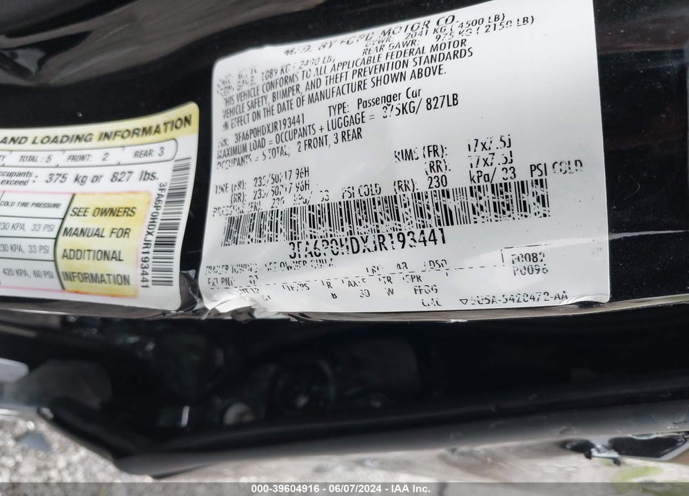 2018 FORD FUSION SE VIN: 3FA6P0HDXJR193441