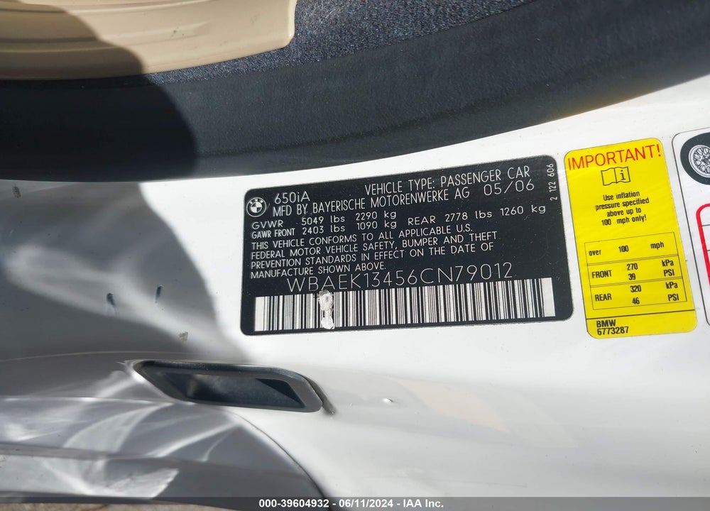 2006 BMW 650I VIN: WBAEK13456CN79012