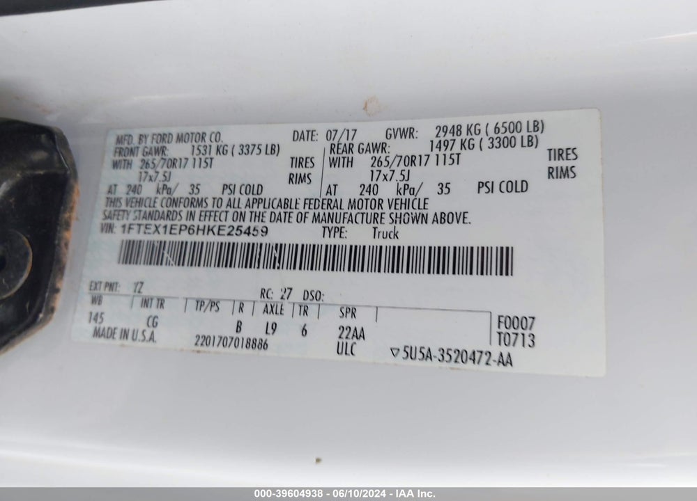 2017 FORD F-150 XL VIN: 1FTEX1EP6HKE25459
