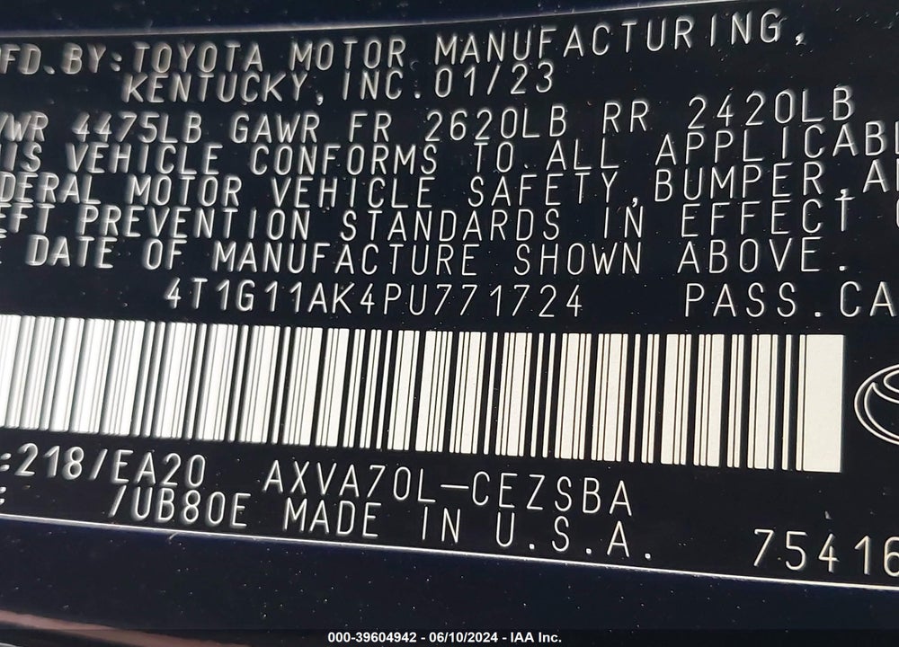 2023 TOYOTA CAMRY SE VIN: 4T1G11AK4PU771724