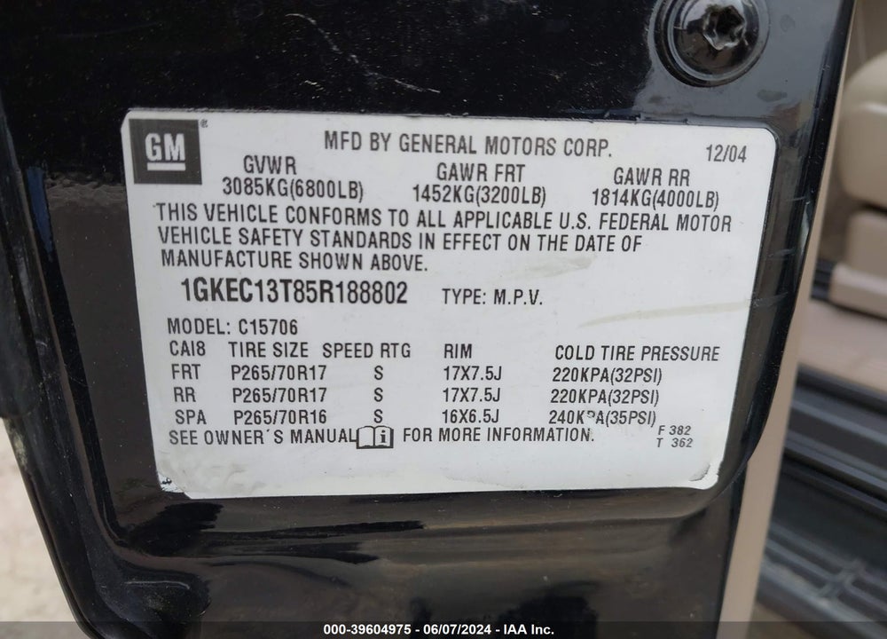 2005 GMC YUKON SLT VIN: 1GKEC13T85R188802