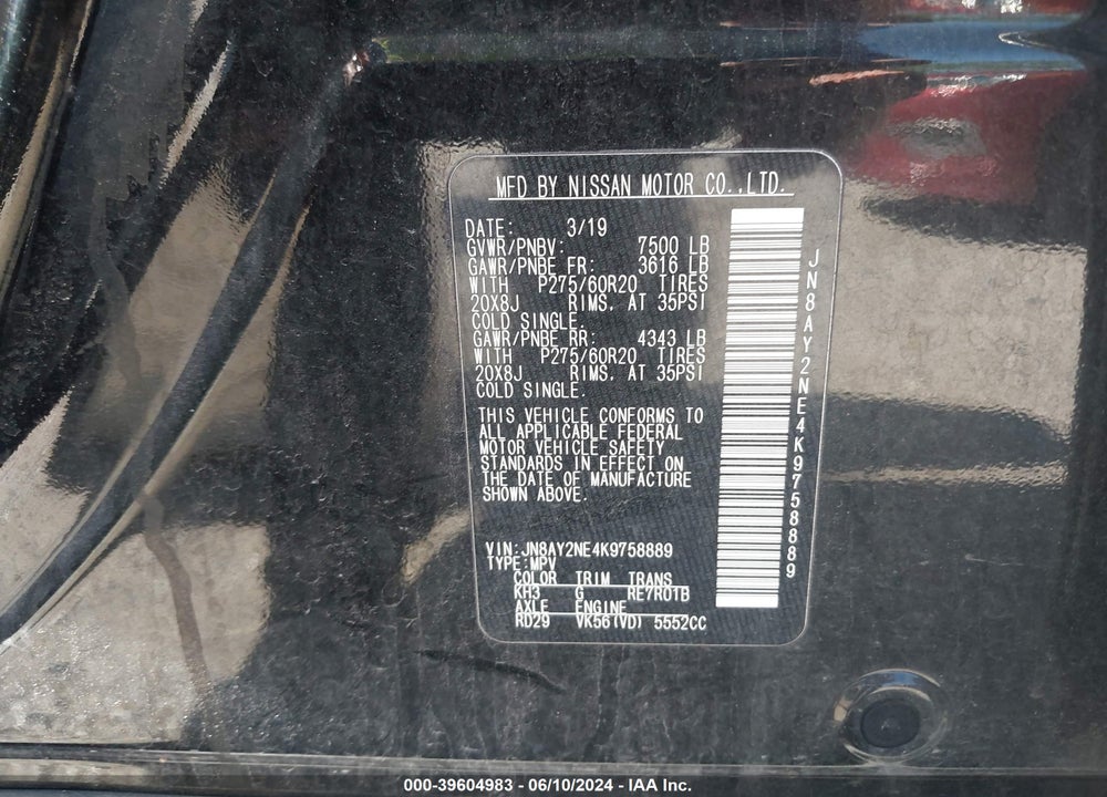 2019 NISSAN ARMADA PLATINUM VIN: JN8AY2NE4K9758889