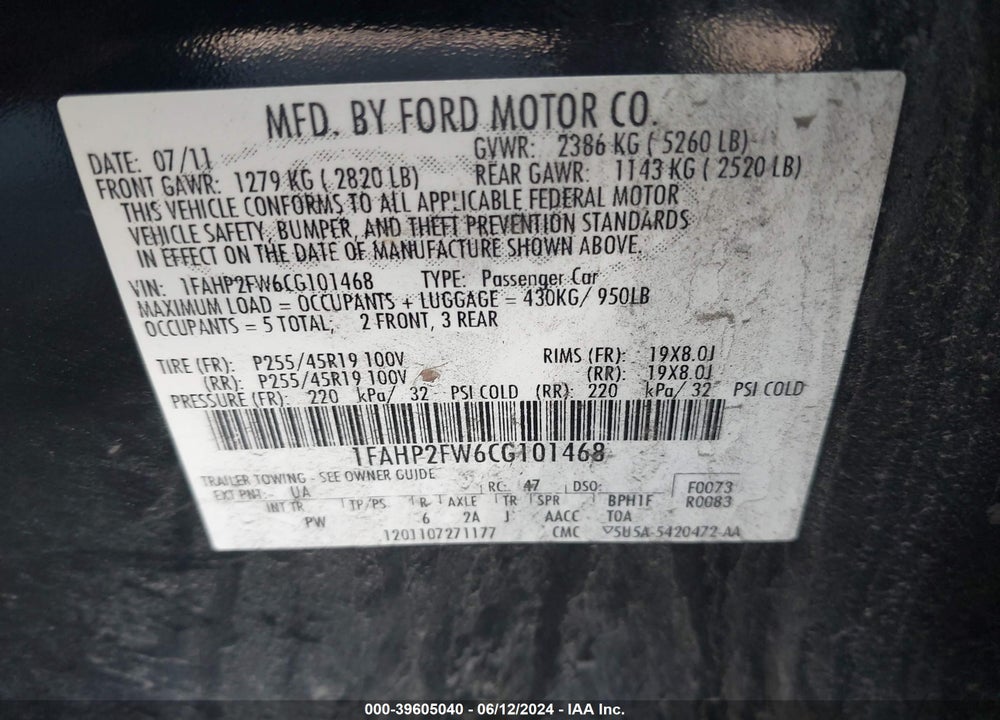 2012 FORD TAURUS LIMITED VIN: 1FAHP2FW6CG101468