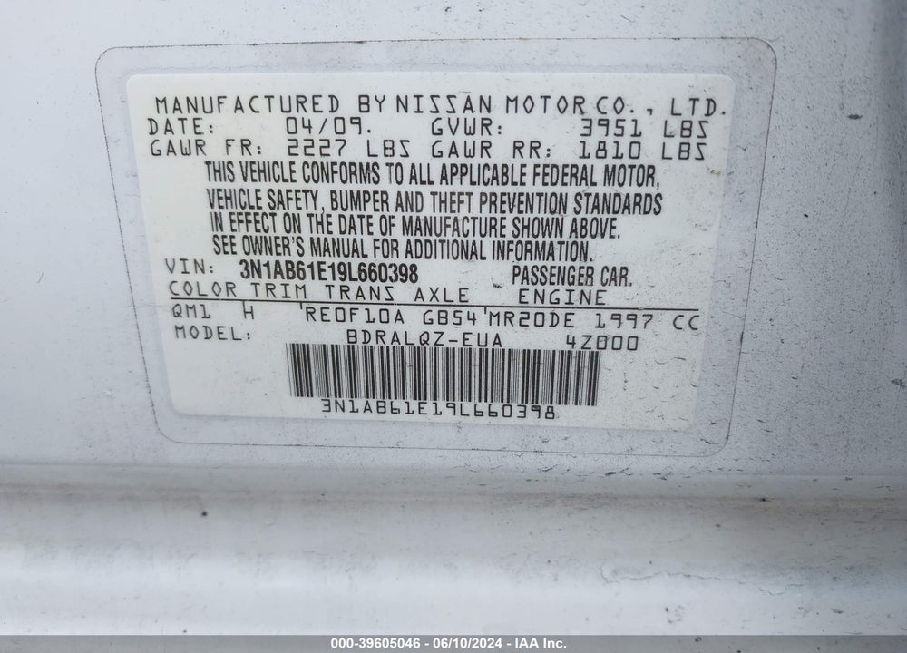 2009 NISSAN SENTRA 2.0 VIN: 3N1AB61E19L660398