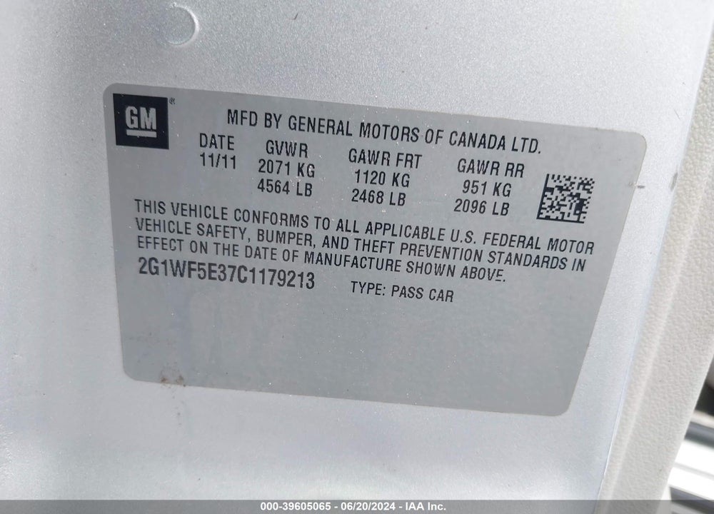 2012 CHEVROLET IMPALA LS VIN: 2G1WF5E37C1179213