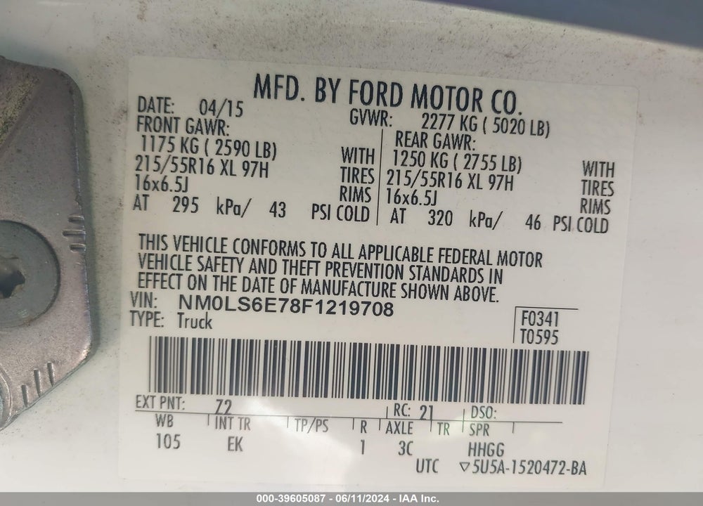 2015 FORD TRANSIT CONNECT XL VIN: NM0LS6E78F1219708