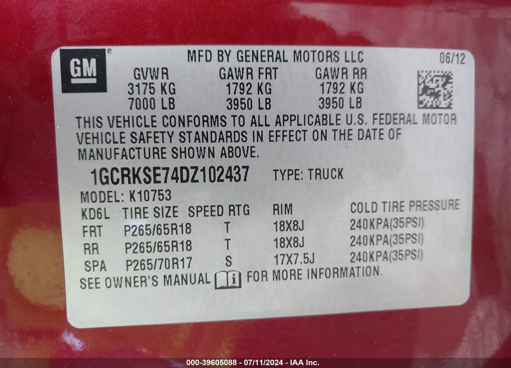 2013 CHEVROLET SILVERADO 1500 LT VIN: 1GCRKSE74DZ102437