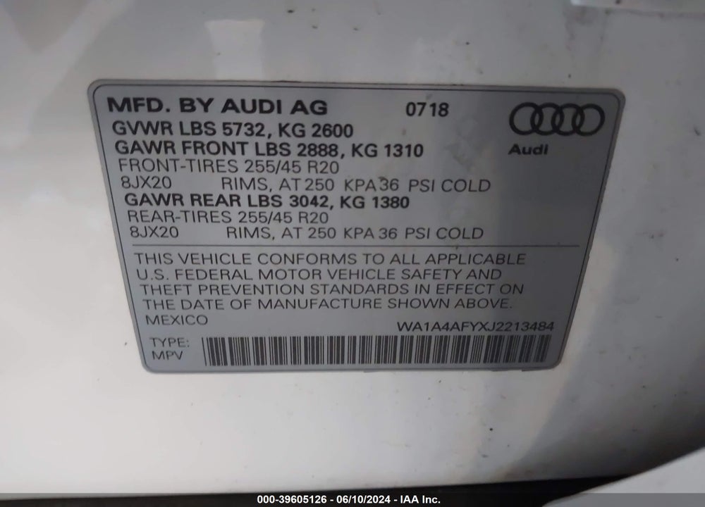 2018 AUDI SQ5 3.0T PREMIUM PLUS VIN: WA1A4AFYXJ2213484