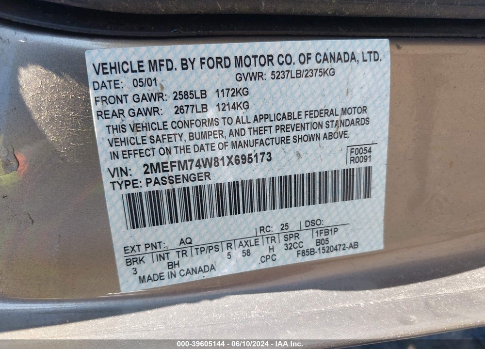 2001 MERCURY GRAND MARQUIS GS VIN: 2MEFM74W81X695173