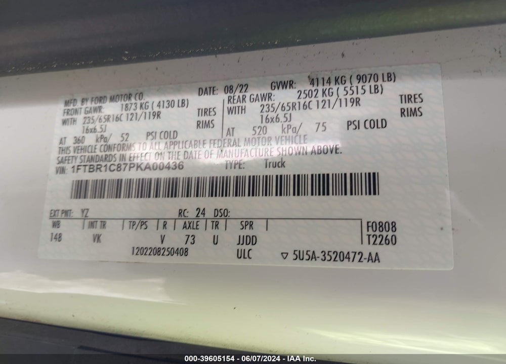 2023 FORD TRANSIT-250 VIN: 1FTBR1C87PKA00436