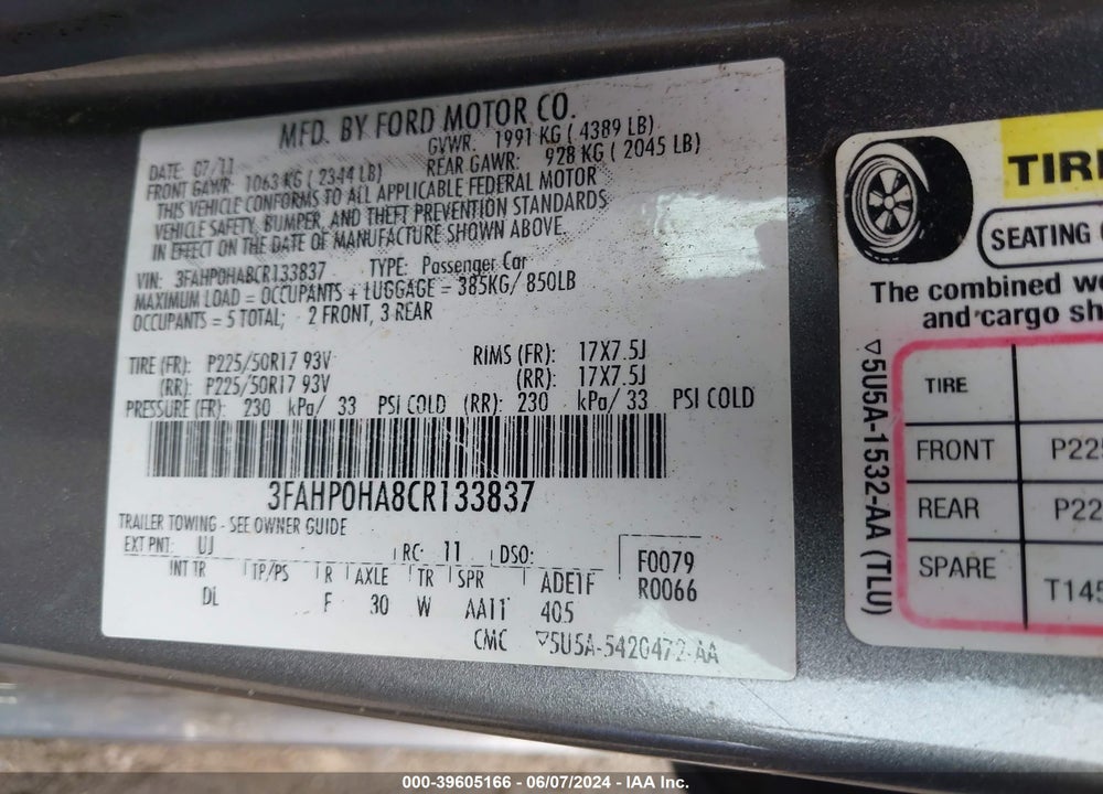2012 FORD FUSION VIN: 3FAHP0HA8CR133837