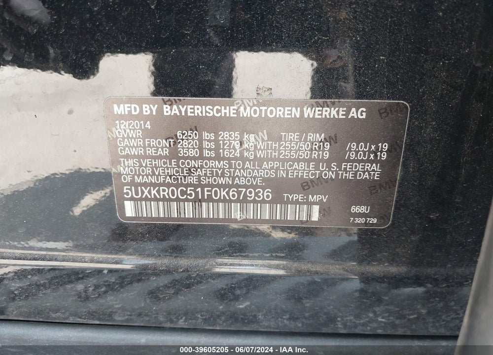 2015 BMW X5 XDRIVE35I VIN: 5UXKR0C51F0K67936